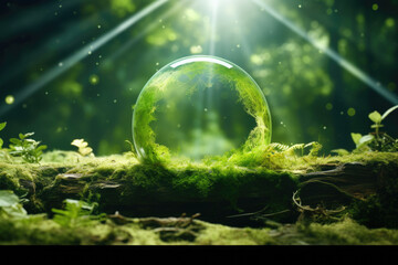Obraz na płótnie Canvas Glass ball resting on bed of moss, creating serene and natural scene. Perfect for nature-themed projects and designs