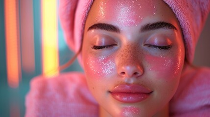 Woman Relaxing with Pink Glitter Facial Mask On