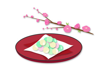 カラフルな丸いひなあられと桃の花