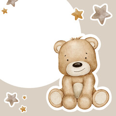 Beige teddy bear clouds and stars. Children's background for girls and boys. Cute watercolor isolated frame for kid's goods, postcards, baby shower and children's room