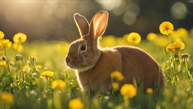Small cute fluffy easter bunny sitting in the green meadow and eating young green grass close-up with bright warm sunlight. Wild rabbit. High quality 4k footage