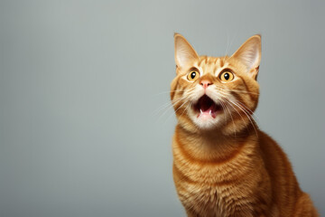 Fototapeta premium Orange cat with its mouth open and eyes wide open. Perfect for capturing expressions of surprise or curiosity. Ideal for use in pet-related articles, social media posts, and advertisements