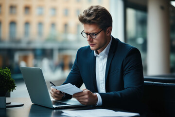 Man sitting at table in front of laptop. Suitable for business, technology, and remote work concepts