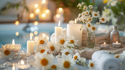 Candles and Daisies Spa Relaxation Ambiance, A serene spa setting with white candles and fresh daisies enhancing the relaxation experience.