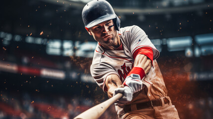 Dynamic Baseball Batter in Action, Baseball player hitting ball with force and dust. - obrazy, fototapety, plakaty