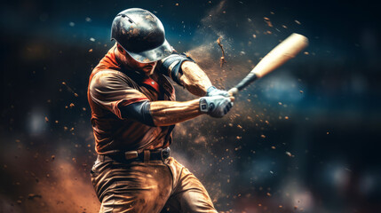Dynamic Baseball Batter in Action, Baseball player hitting ball with force and dust.