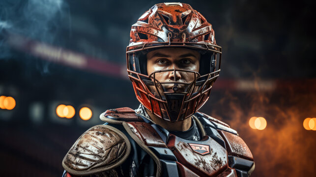 Confident Baseball Catcher Ready for Play, A baseball catcher poised and ready, clad in protective gear with a focused expression.