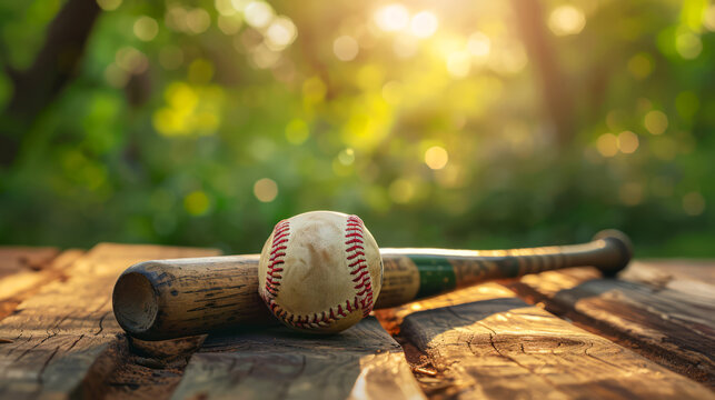 Vintage Baseball Bat and Ball on Wooden Background, Old baseball bat and ball with sun flare in nature.