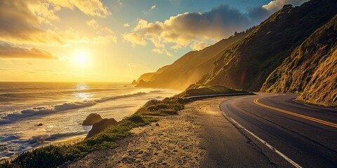 A highway running beside a peaceful beach, with waves gently lapping the shore as the sun rises - Powered by Adobe