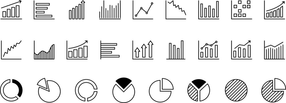 Bar graph line icons set. Graph, Line, Bar, Chart, Diagram, Report, Statistics. Business graphs and charts icons. Business infographics. Statistic data, charts, vector