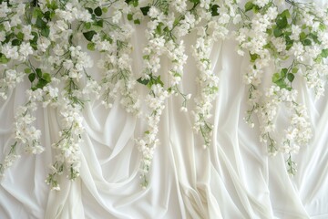 romantic and airy scene, sunlight streams through a white curtain embroidered with intricate white flowers, creating a peaceful and calming atmosphere