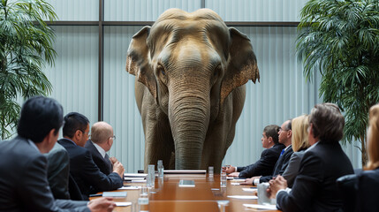 elephant stands at the end of a conference table with businesspeople, symbolizing an important but ignored topic in a meeting - the elephant in the room