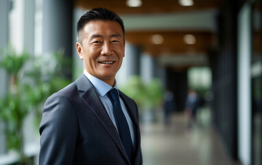 Fototapeta premium Portrait of an elegant Chinese businessman, modern executive environment in the background