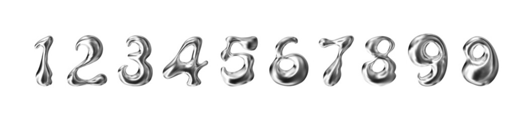Liquid chrome metal numbers. 3d groovy hologram silver letters. Mercury effect for y2k design. Vctor illustration - obrazy, fototapety, plakaty
