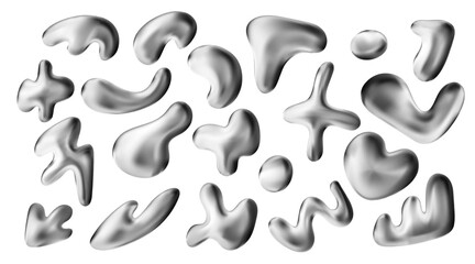 3d chrome liquid abstract shape. Set y2k holographic fluid metal vector element for modern techno design