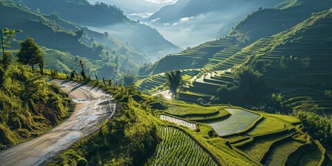 A highway overlooking a series of terraced rice paddies, with the terraces glowing in the morning light