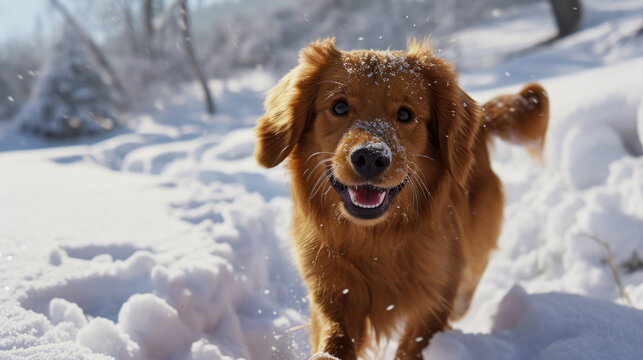 Brown dog standing in snow with its mouth open. Can be used to depict joy, excitement, or winter scene