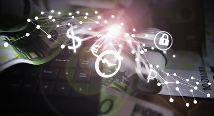 The work of a programmer and blogger on the Internet. Computer keyboard and a scattering of 100...