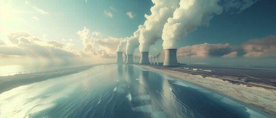 Wide angle view of a nuclear power plant with cooling towers with steams near sea. Clean renewable green energy concept. 