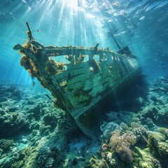 The appearance of the shipwreck on the mossy seabed is complemented by the beauty of the coral reefs in the area and the light penetrating the surface of the sea water. Generative Ai
