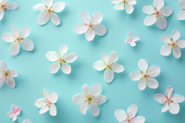 White flowers arranged on vibrant blue surface. Suitable for various design projects and floral themes