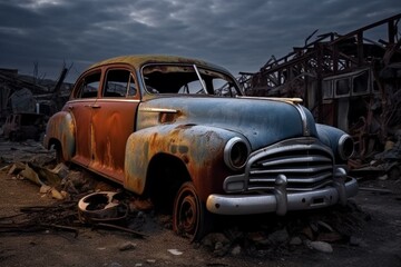 Vintage vehicle abandoned in a scrapyard. Generative AI