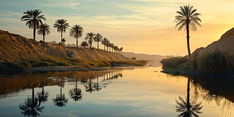 A highway near a desert oasis, with palm trees and water reflecting the warm colors of sunrise