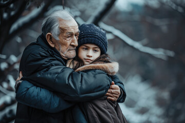 Obraz premium Old man and young girl sharing heartwarming embrace in snowy setting. Perfect for illustrating bond between generations and beauty of winter.
