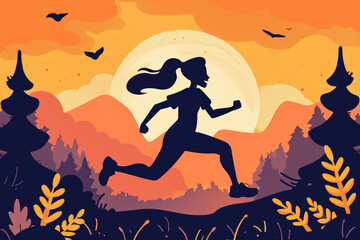 Woman running through forest at sunset. Ideal for outdoor adventure and fitness concepts