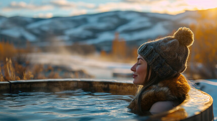 Woman enjoying warmth of hot tub amidst snowy landscape. Perfect for winter relaxation and spa-themed designs