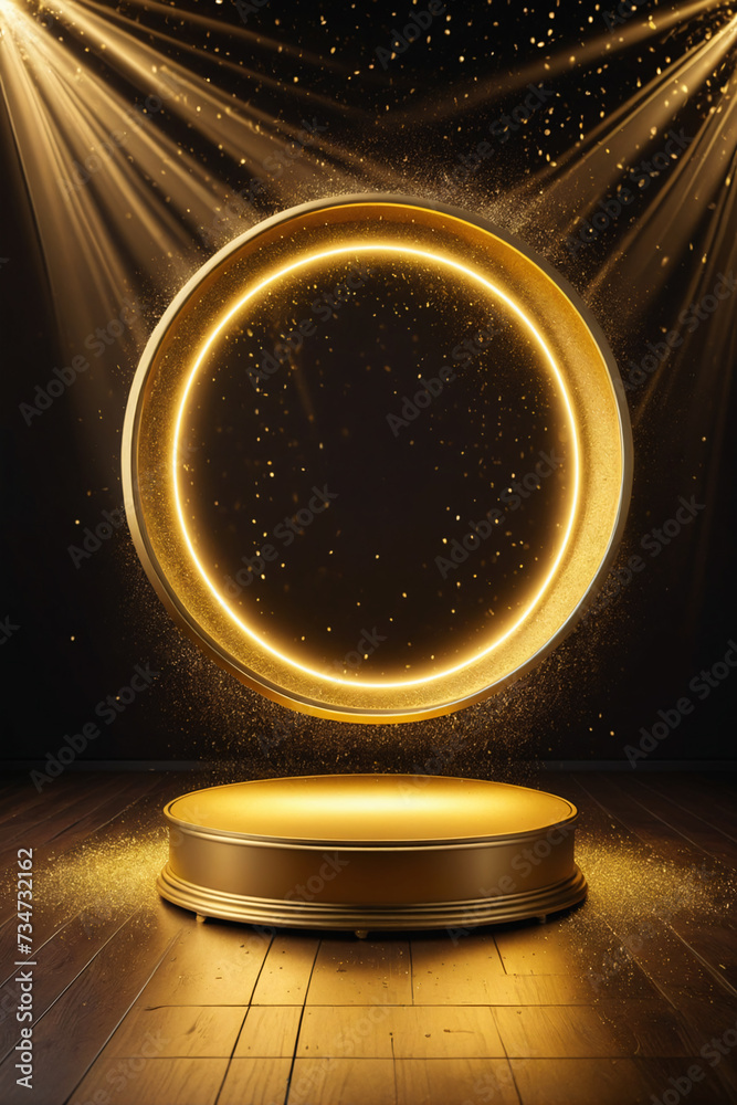 Aufkleber abstract empty golden award platform with neon glowing round frame and rays, glitter confetti sparkl
