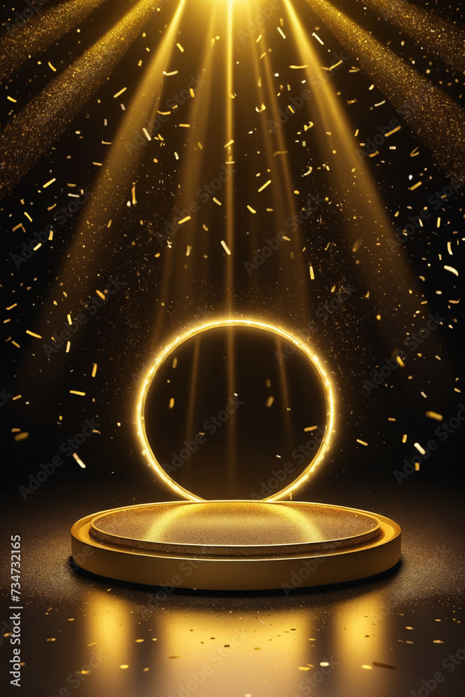 Poster abstract empty golden award platform with neon glowing round frame and rays, glitter confetti sparkl