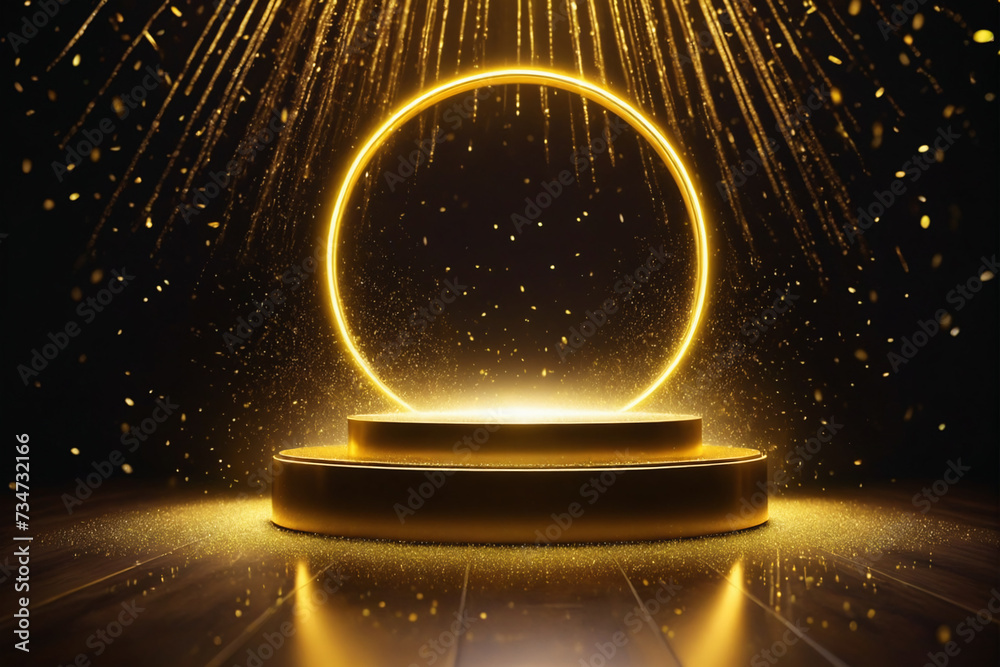 Poster Abstract empty golden award platform with neon glowing round frame and rays, glitter confetti sparkle rain falling from above