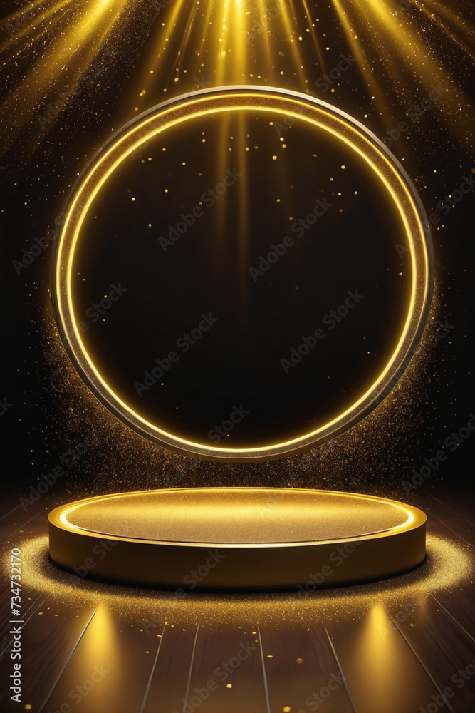Poster abstract empty golden award platform with neon glowing round frame and rays, glitter confetti sparkl