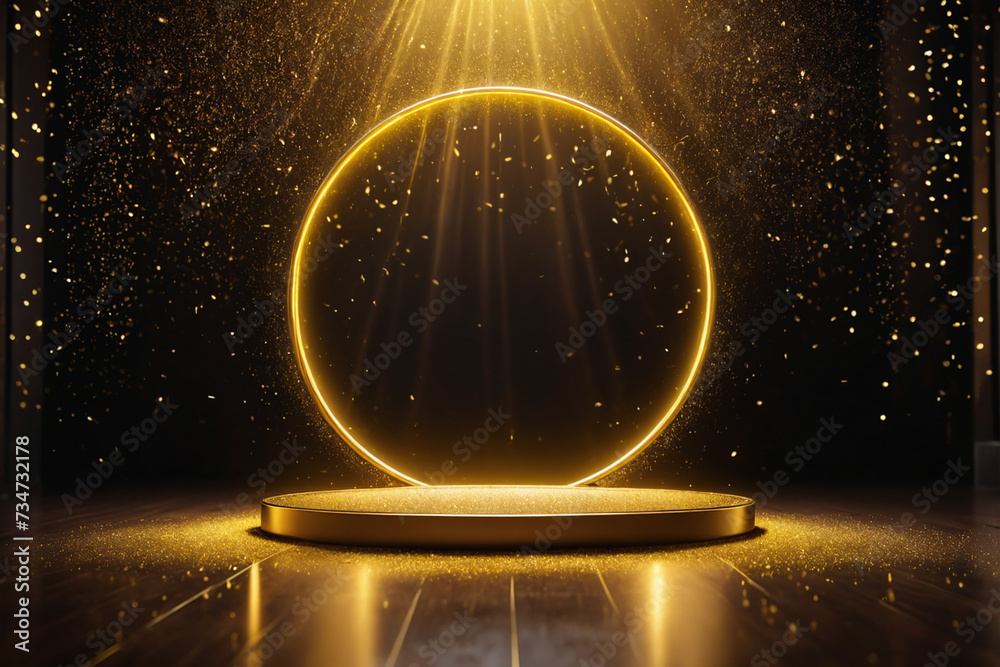 Aufkleber abstract empty golden award platform with neon glowing round frame and rays, glitter confetti sparkl