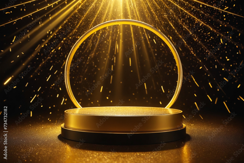 Aufkleber abstract empty golden award platform with neon glowing round frame and rays, glitter confetti sparkl