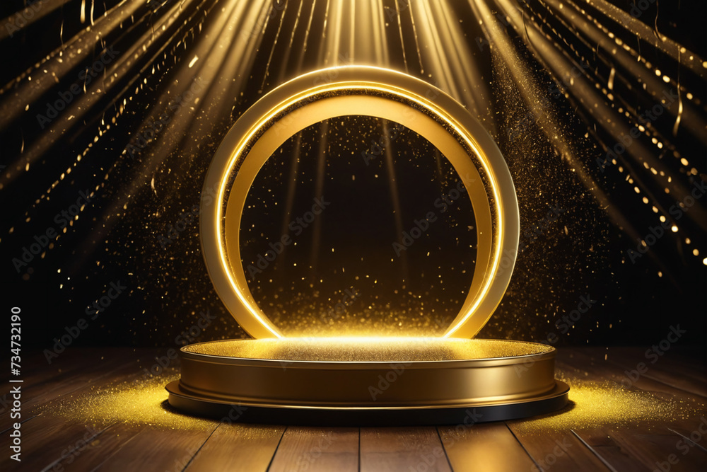 Aufkleber abstract empty golden award platform with neon glowing round frame and rays, glitter confetti sparkl