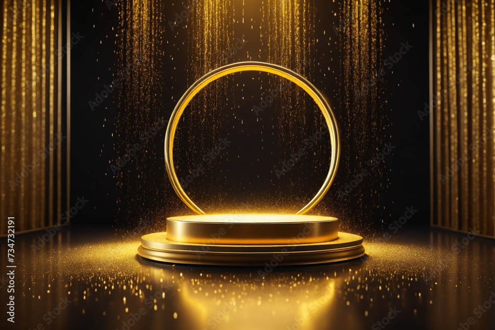 Poster abstract empty golden award platform with neon glowing round frame and rays, glitter confetti sparkl