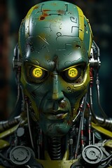 a robot with yellow eyes