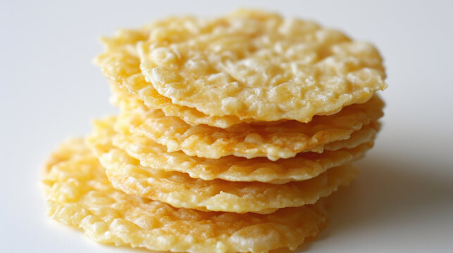 Stack of crackers sitting on top of white table. Perfect for food-related designs and concepts