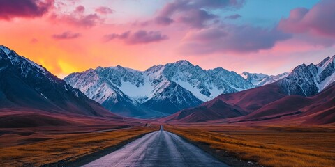 A highway leading towards a range of snow-capped mountains, with a colorful sunrise sky above - obrazy, fototapety, plakaty