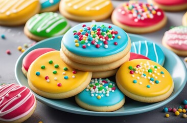 Fototapeta na wymiar A plate of homemade sugar cookies decorated with frosting. round shaped cookies. glaze of bright colors. Sprinkled sugar balls of different colors on top. banner with space for text. light gray concre