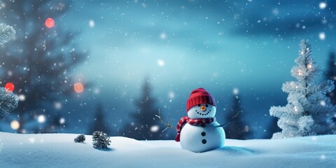 Snowman in winter forest Christmas and New Year holidays background 