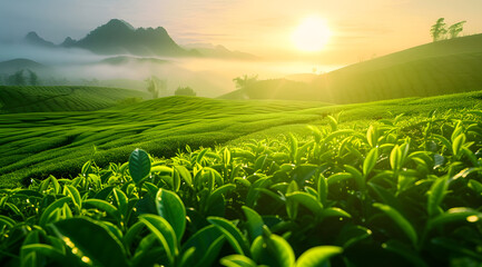 Green tea plantation at sunrise time,nature background.