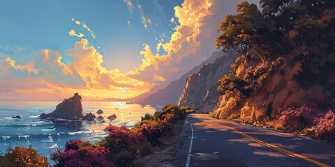 A highway leading to a secluded cove, with cliffs on either side and the sunrise reflecting off the...