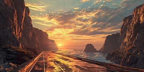 A highway leading to a secluded cove, with cliffs on either side and the sunrise reflecting off the...