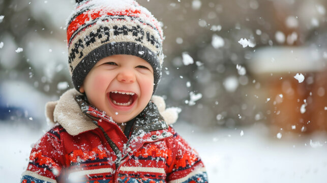 Young boy captured in moment of joy, laughing in snow. This image can be used to depict happiness, winter fun, or joy of childhood
