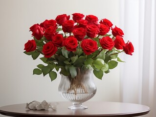 Vase of red roses in a glass with white background