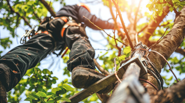 Person is seen climbing tree using ladder. This image can be used to depict adventure, nature exploration, or outdoor activities