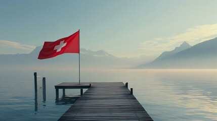 Hyperrealistic depiction of the Swiss flag elegantly swaying in the wind against the spotless backdrop of a Lake